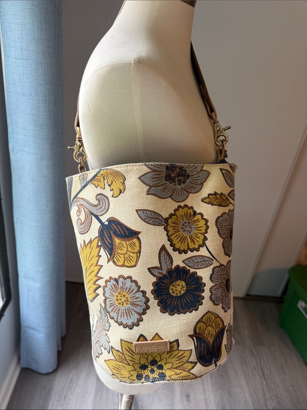 Spartina 449 Cream Floral Bucket Shoulder Bag with Yellow & Navy Accents